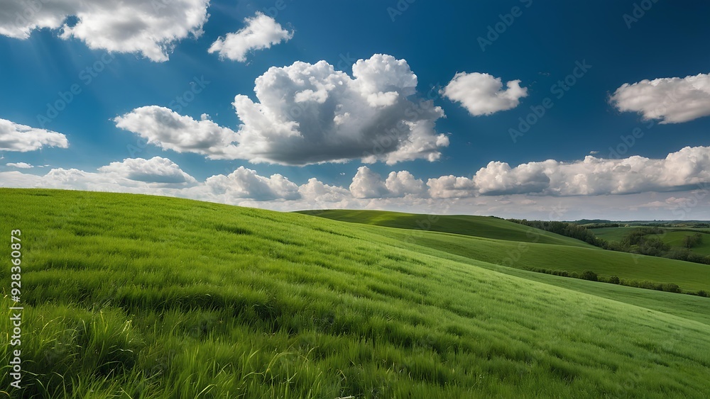 A picturesque scene with wavy green fields stretching to the horizon, under a bright blue sky with soft, billowing clouds.
A picturesque scene with wavy green fields stretching to the horizon, under a bright blue sky with soft, billowing clouds.
