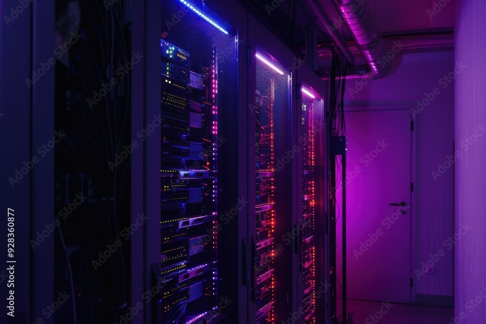 Dark server room illuminated by LED lights Dark server room illuminated by LED lights