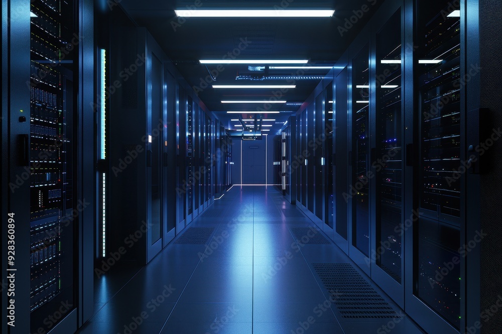 Dark server room lit by LED lights Dark server room lit by LED lights