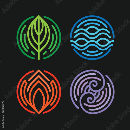 4 Elements of nature symbol - earth water air and fire with sign with line circle layers shape on black background vector design
