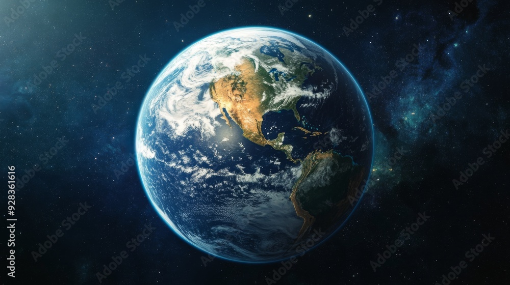 A detailed view of Earth from space, showcasing North and South America with a backdrop of twinkling stars. A detailed view of Earth from space, showcasing North and South America with a backdrop of twinkling stars.