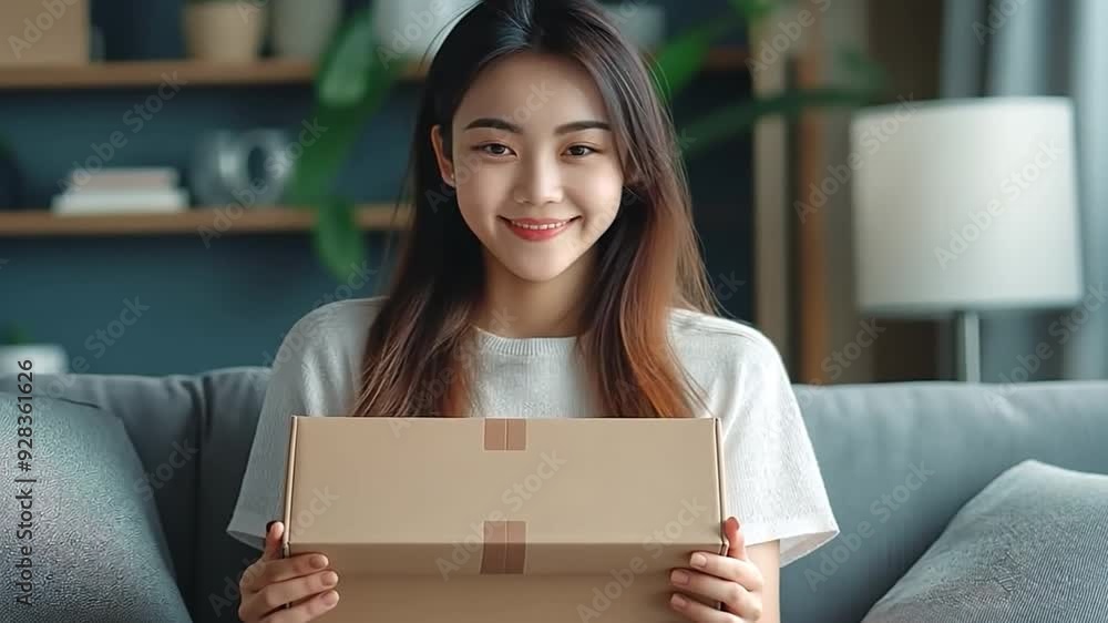 A young woman, seated comfortably at home, smiles warmly as she unboxes a package. A young woman, seated comfortably at home, smiles warmly as she unboxes a package.