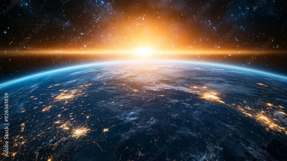 Earth from space with sunrise and city lights. Earth from space with sunrise and city lights.