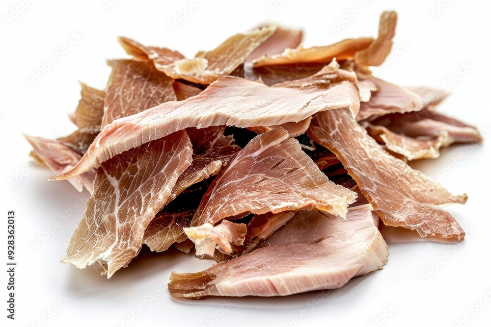 Dehydrated turkey jerky slices on white background Dehydrated turkey jerky slices on white background