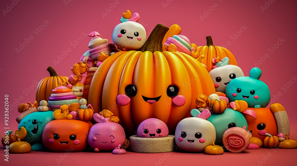 A group of cartoon characters are gathered around a large orange pumpkin. The scene is playful and whimsical, with the characters appearing to be enjoying themselves A group of cartoon characters are gathered around a large orange pumpkin. The scene is playful and whimsical, with the characters appearing to be enjoying themselves