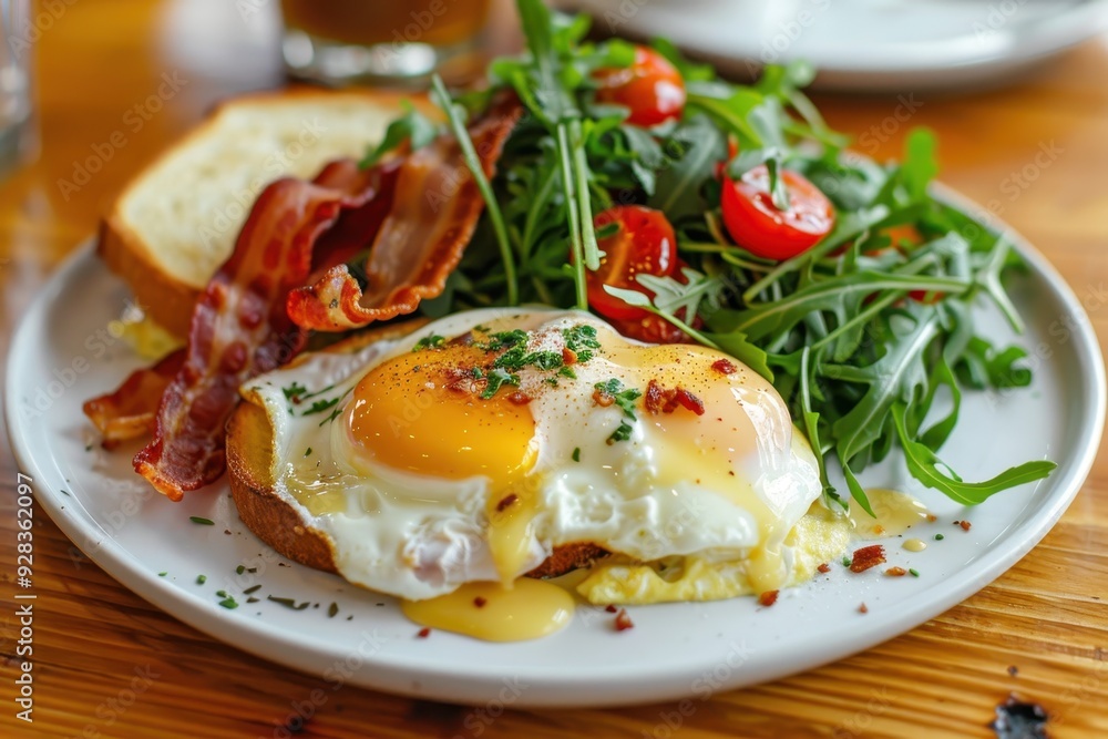 Delicious and nutritious breakfast with arugula salad bacon toast and eggs benedict on a white plate on a wooden table Delicious and nutritious breakfast with arugula salad bacon toast and eggs benedict on a white plate on a wooden table