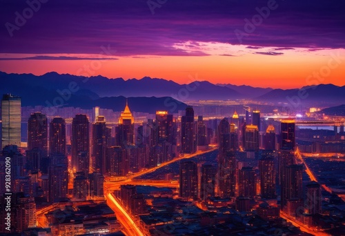 stunning vibrant city skyline dusk featuring twinkling lights illuminating urban landscape, architecture, buildings, illumination, night, horizon, colors