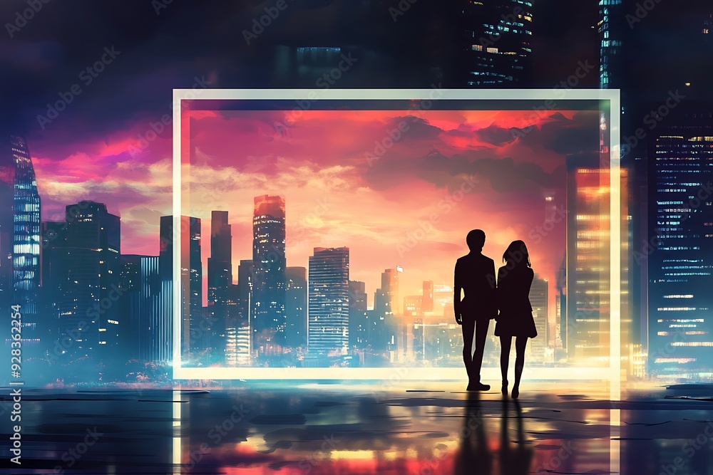 comic book style, rectangular frame, futuristic cityscape, silhouette figures, clear center comic book style, rectangular frame, futuristic cityscape, silhouette figures, clear center