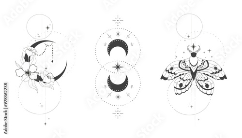 Magic mystic set moth tattoo thin line in doodle style moon and flowers tattoo, Elegant celestial isolated, boho esoteric symbol, Buterfly with stars and moon 