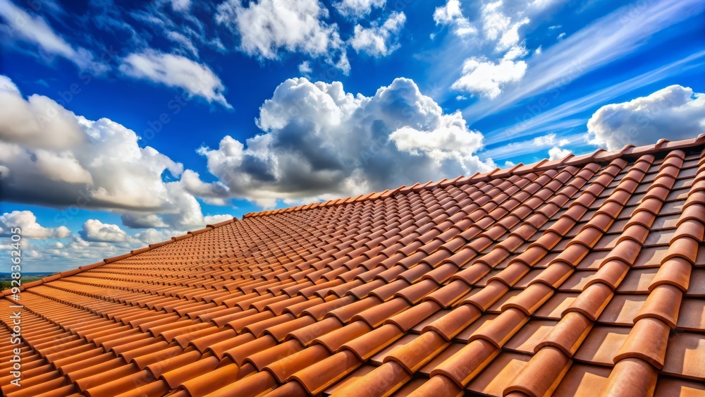 Blue sky with puffy white clouds serves as a serene backdrop for a newly installed brown shingle roof with neatly arranged rows of tiles. Blue sky with puffy white clouds serves as a serene backdrop for a newly installed brown shingle roof with neatly arranged rows of tiles.