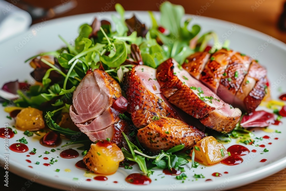 Delicious duck jamon with greens on a plate Delicious duck jamon with greens on a plate