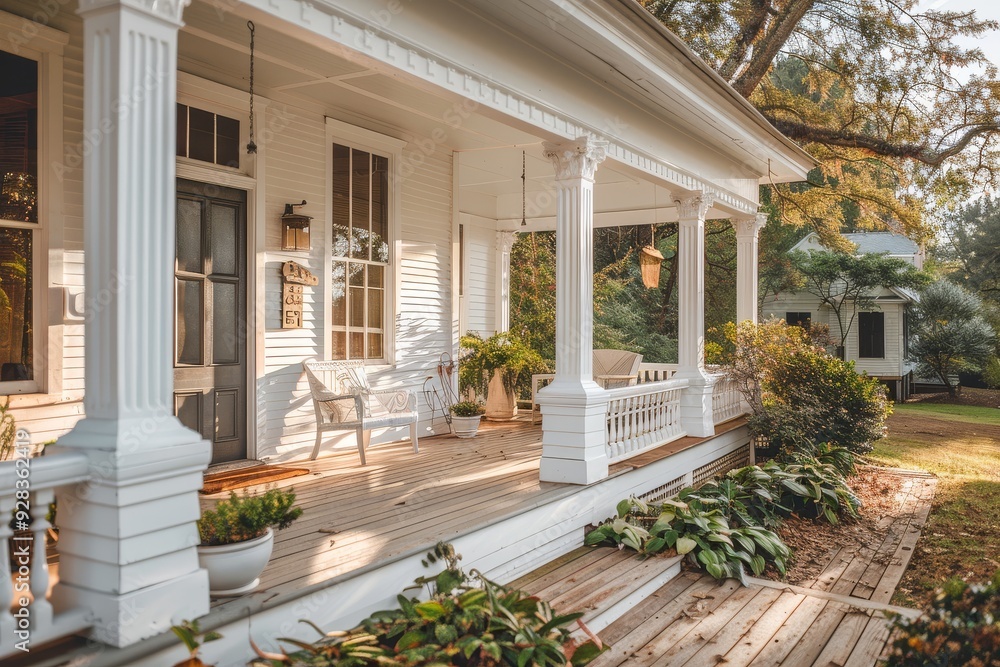 Fototapeta premium Charming front porch of a classic white Craftsman-style home in North Carolina, captured in raw photography.