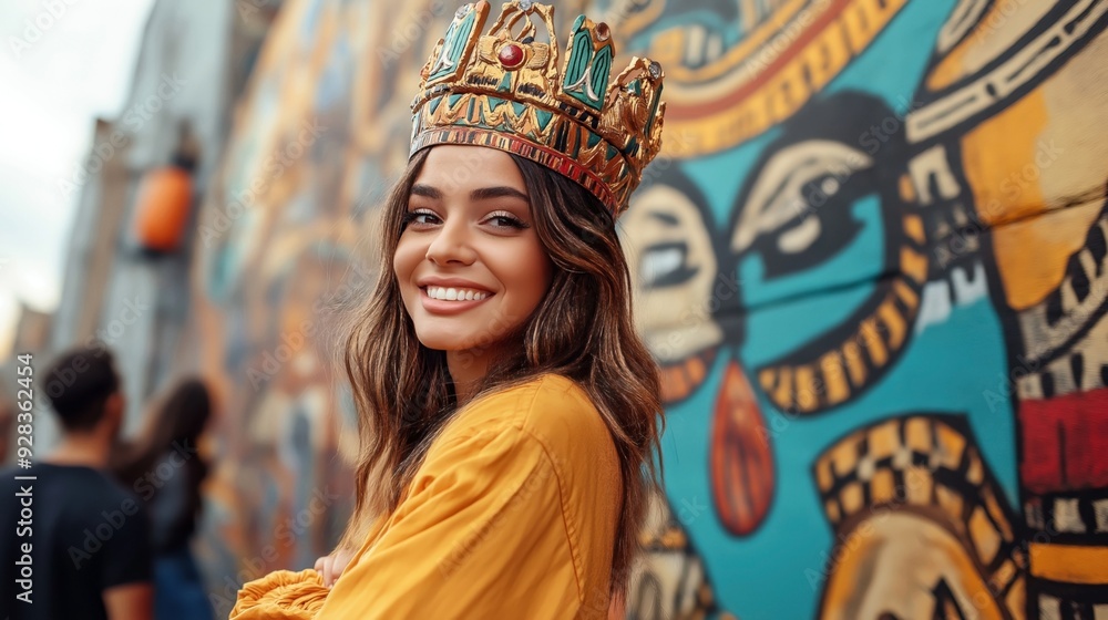 Fototapeta premium A woman wearing a colorful, ornate crown is smiling in front of a vibrant, graffiti-covered wall.