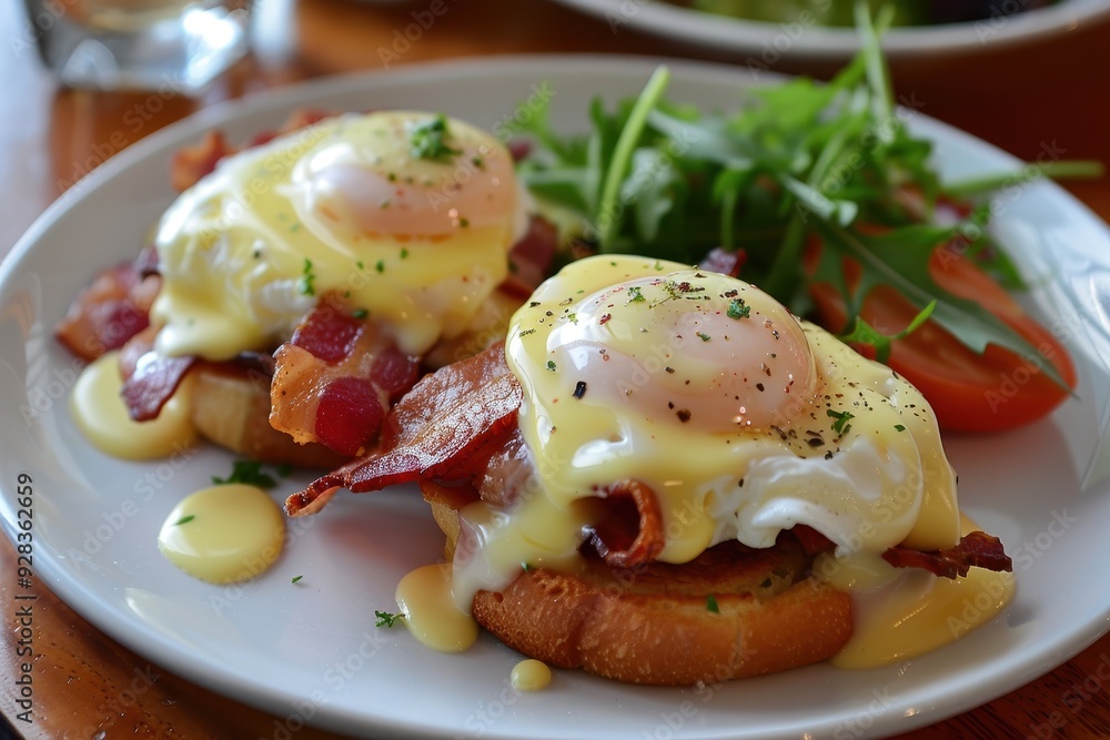 Delicious eggs benedict with bacon and hollandaise on tiger crust bread Delicious eggs benedict with bacon and hollandaise on tiger crust bread