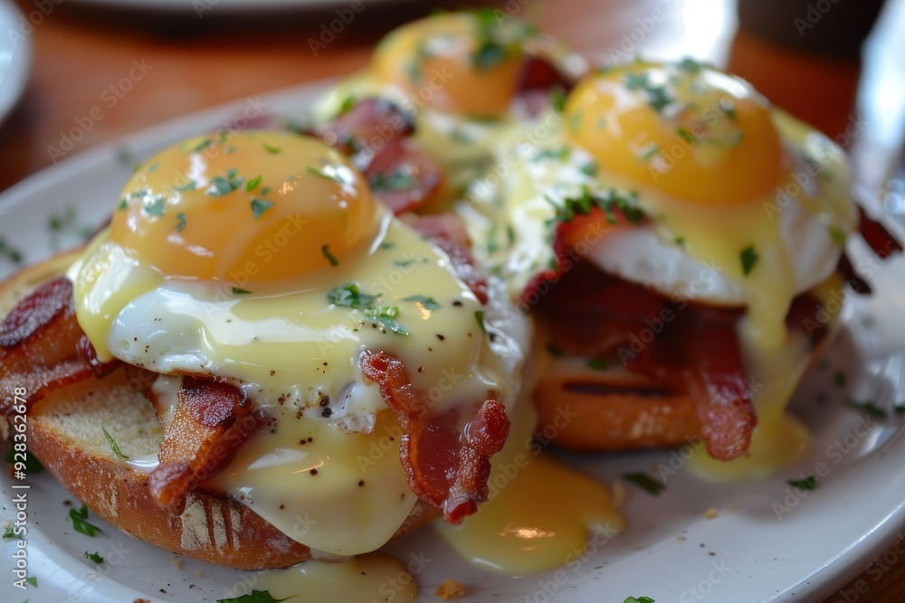 Delicious eggs benedict with bacon and hollandaise on tiger bread Delicious eggs benedict with bacon and hollandaise on tiger bread