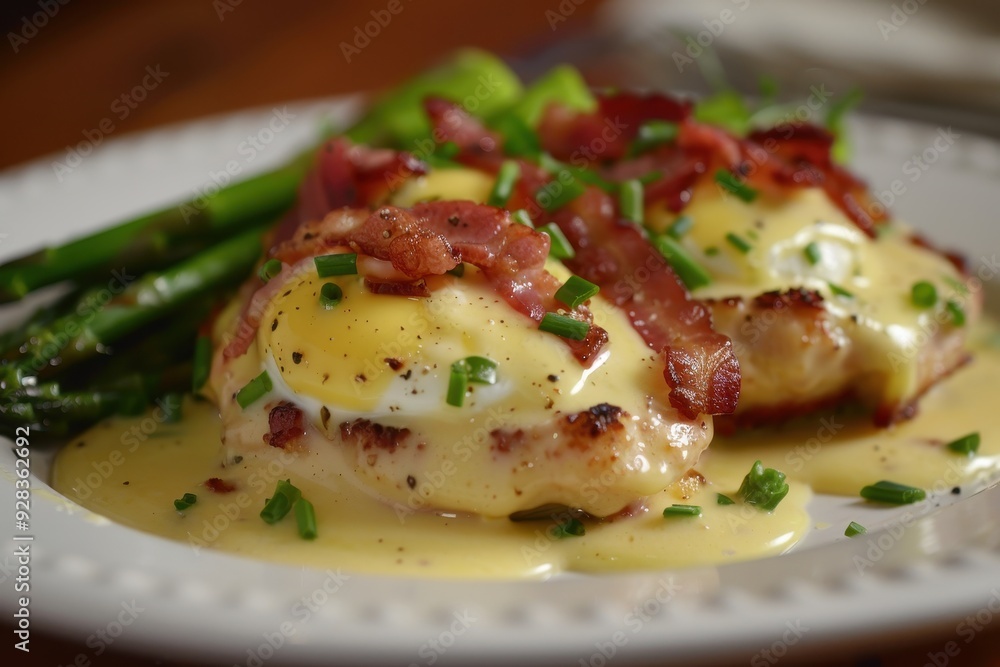 Delicious eggs Benedict with bacon covered asparagus Delicious eggs Benedict with bacon covered asparagus