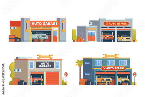Vector auto garage building flat design illustration	