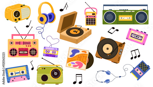 Collection of retro analog music players and cassette recorder, headphones, tape, jukebox, boombox. Set of vintage audio devices - turntable, vinyl record. Flat vector illustration isolated on white