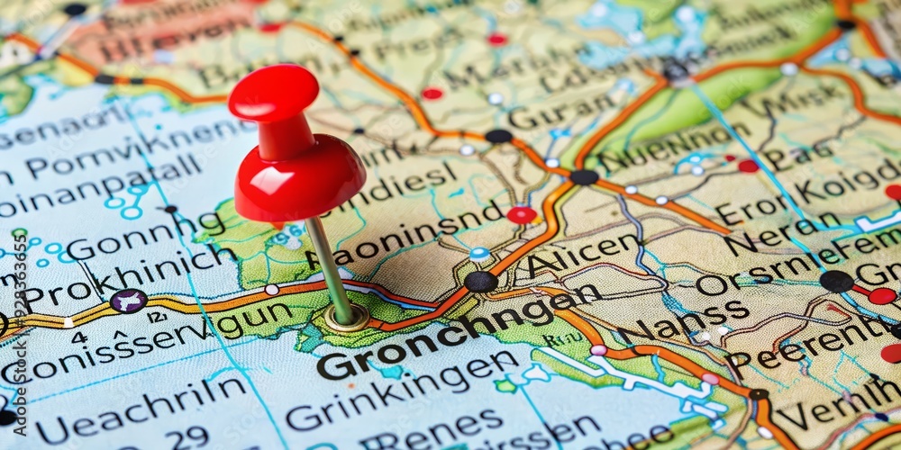 Close-up of a detailed map of Groningen, Netherlands, with a bright red pin pointing to the location, surrounded by the country's border on a white background. Close-up of a detailed map of Groningen, Netherlands, with a bright red pin pointing to the location, surrounded by the country's border on a white background.