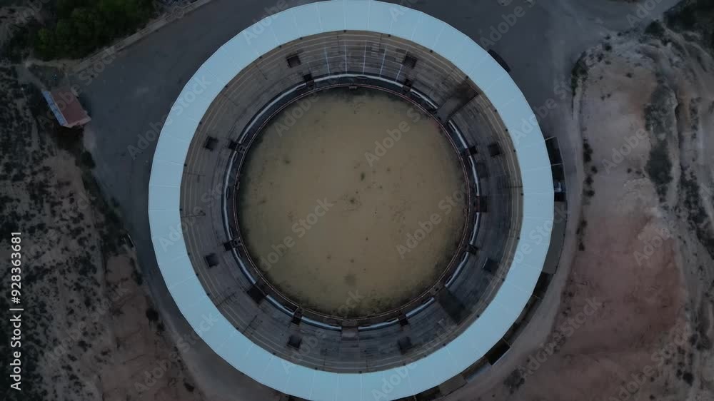 The alcorisa bullring in teruel, spain, surrounded by arid landscape, evening shot, aerial view The alcorisa bullring in teruel, spain, surrounded by arid landscape, evening shot, aerial view