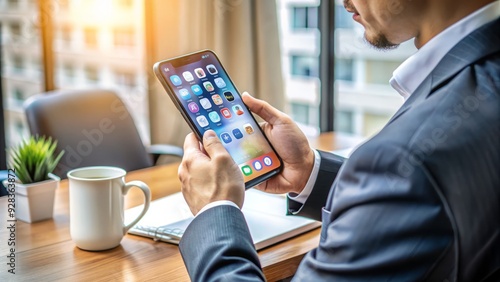 Close-up of a person holding a latest smartphone model, browsing social media applications and searching for information in a modern office setting, highlighting technology and lifestyle. photo