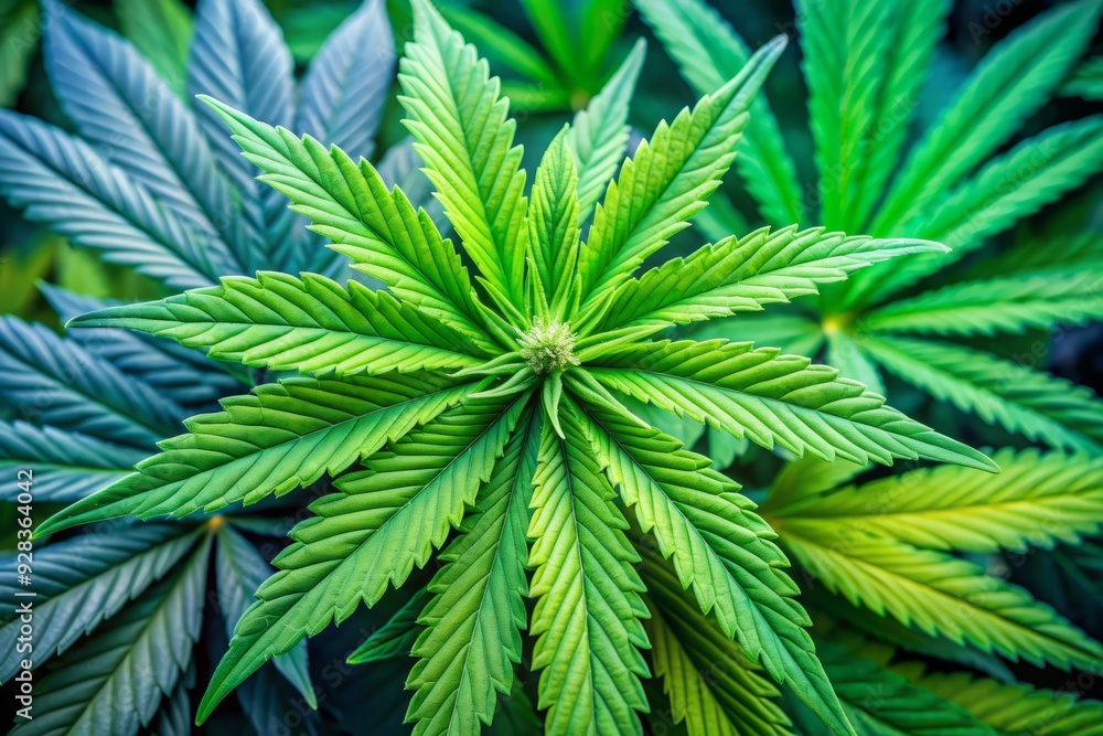 Close-up of a vibrant green cannabis leaf and mature marijuana plant, highlighting the medicinal properties of cannabis for therapeutic and recreational use. Close-up of a vibrant green cannabis leaf and mature marijuana plant, highlighting the medicinal properties of cannabis for therapeutic and recreational use.