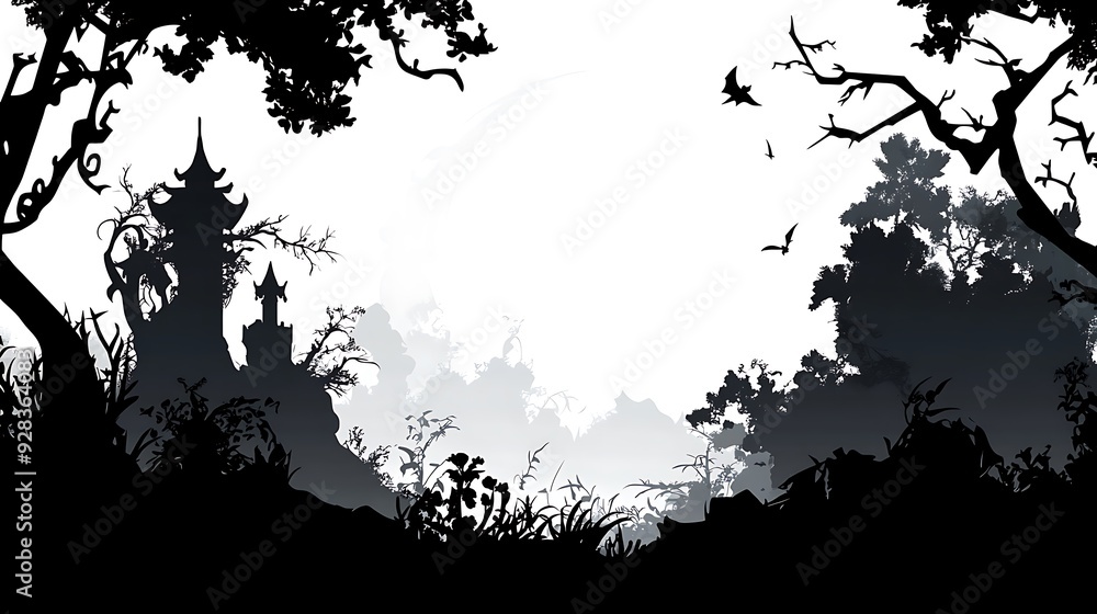 comic book style, angular frame, mystical setting, silhouette objects, wide central area comic book style, angular frame, mystical setting, silhouette objects, wide central area