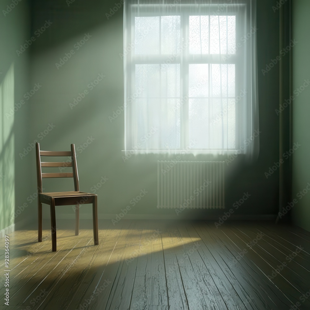 Empty room with a single chair and dim lighting, feeling of loneliness, depression, photorealistic, depth of field, Empty room with a single chair and dim lighting, feeling of loneliness, depression, photorealistic, depth of field,