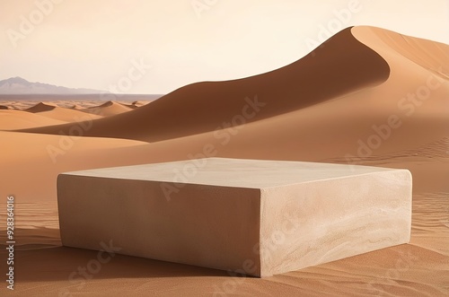 Smooth sandstone podium in earthy tones on a warm, desert-inspired background. Gentle shadows and natural textures ideal for travel or outdoor products. Made with generative AI technology
