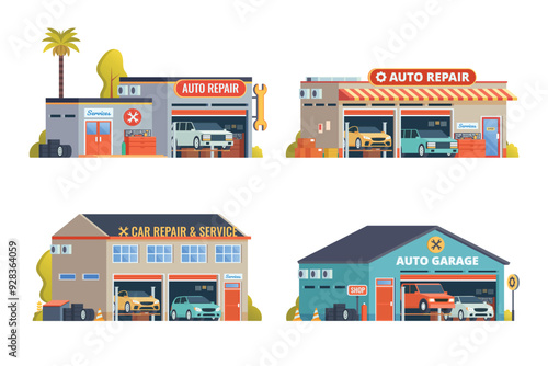 Vector auto garage building flat design illustration	
