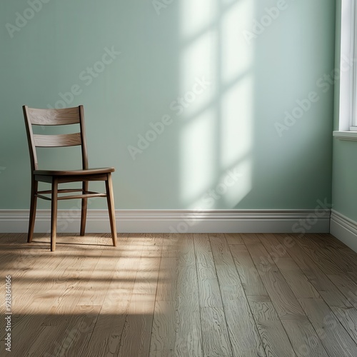 The empty room with a single chair and dim lighting evokes a sense of loneliness and depression, capturing a photorealistic depth of field.