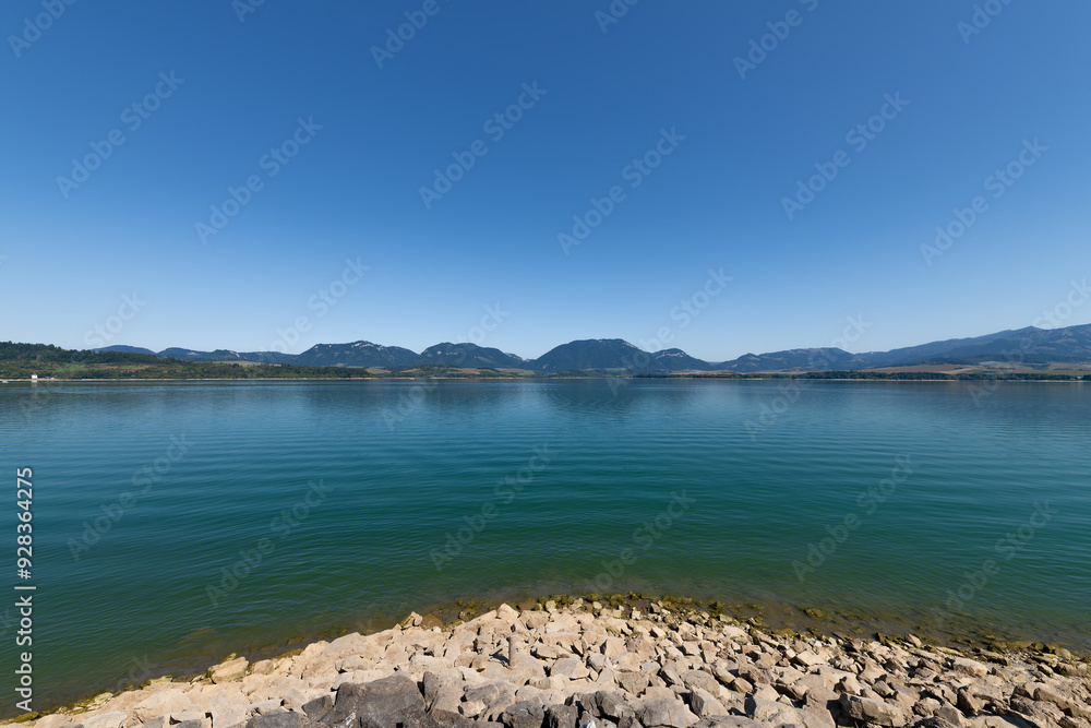 View of the Liptovská Mara water dam. Liptovská Mara is a water reservoir near Liptovský Mikuláš in the north of Slovakia, on the Váh River below the Tatra Mountains - Slovak Republic, Europe.