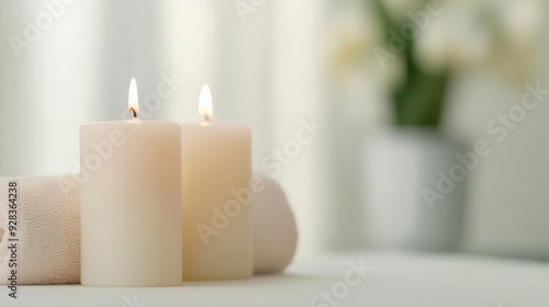 Aromatherapy candles and essential oils in a spa setting, calming atmosphere, stress relief, warm light, photorealistic, depth of field.