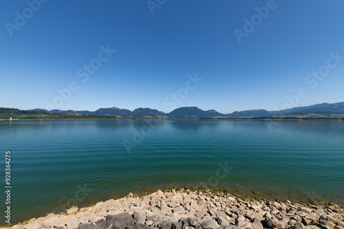 Obraz na płótnie View of the Liptovská Mara water dam. Liptovská Mara is a water reservoir near Liptovský Mikuláš in the north of Slovakia, on the Váh River below the Tatra Mountains - Slovak Republic, Europe. w salonie