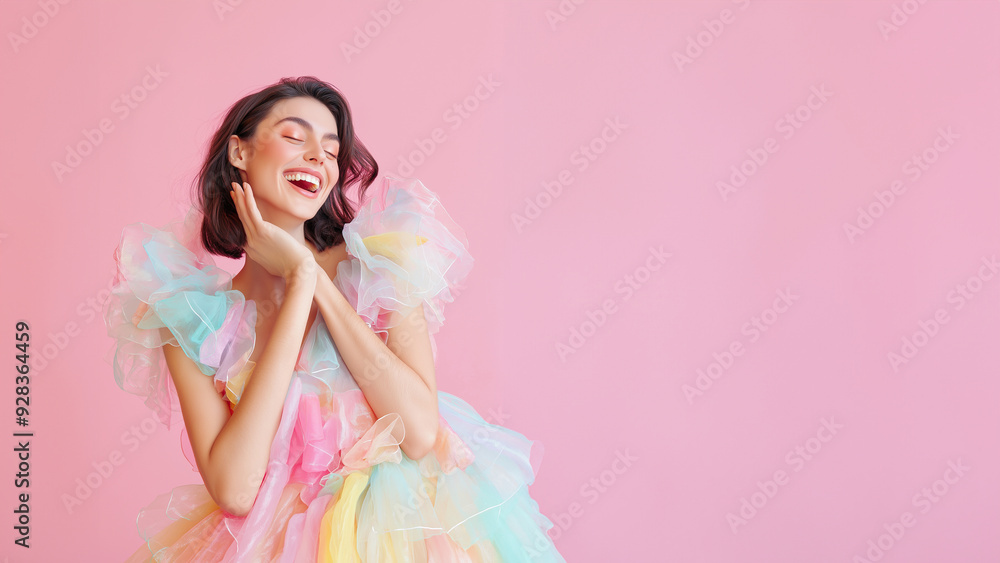 Strahlende junge Frau in pastellfarbenem Kleid vor Studiohintergrund. Ihr Lächeln vermittelt Freude. Ideal für Mode-, Lifestyle- und Beautythemen sowie Werbung und Social-Media-Inhalte Strahlende junge Frau in pastellfarbenem Kleid vor Studiohintergrund. Ihr Lächeln vermittelt Freude. Ideal für Mode-, Lifestyle- und Beautythemen sowie Werbung und Social-Media-Inhalte