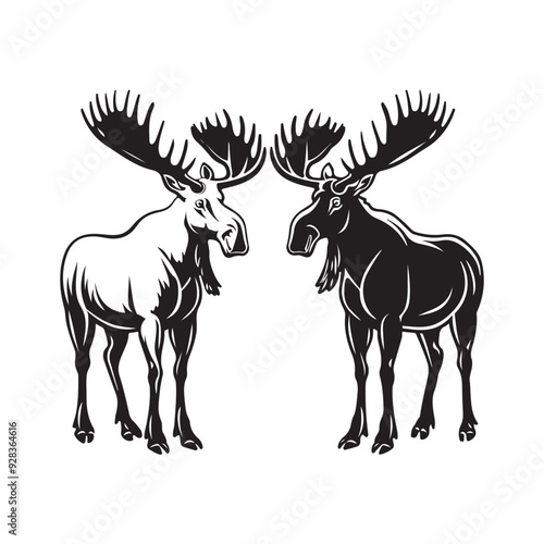 Two Moose standing vector image. Black and white Moose Illustration isolated on white background