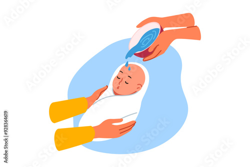 Ritual of baptism for infant in christian religion, and use holy water in church, to protect child from evil forces. Hands watering baby from bowl during baptism and choosing godmother and godfather