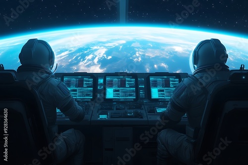 Astronauts inside a spaceship cockpit looking at Earth