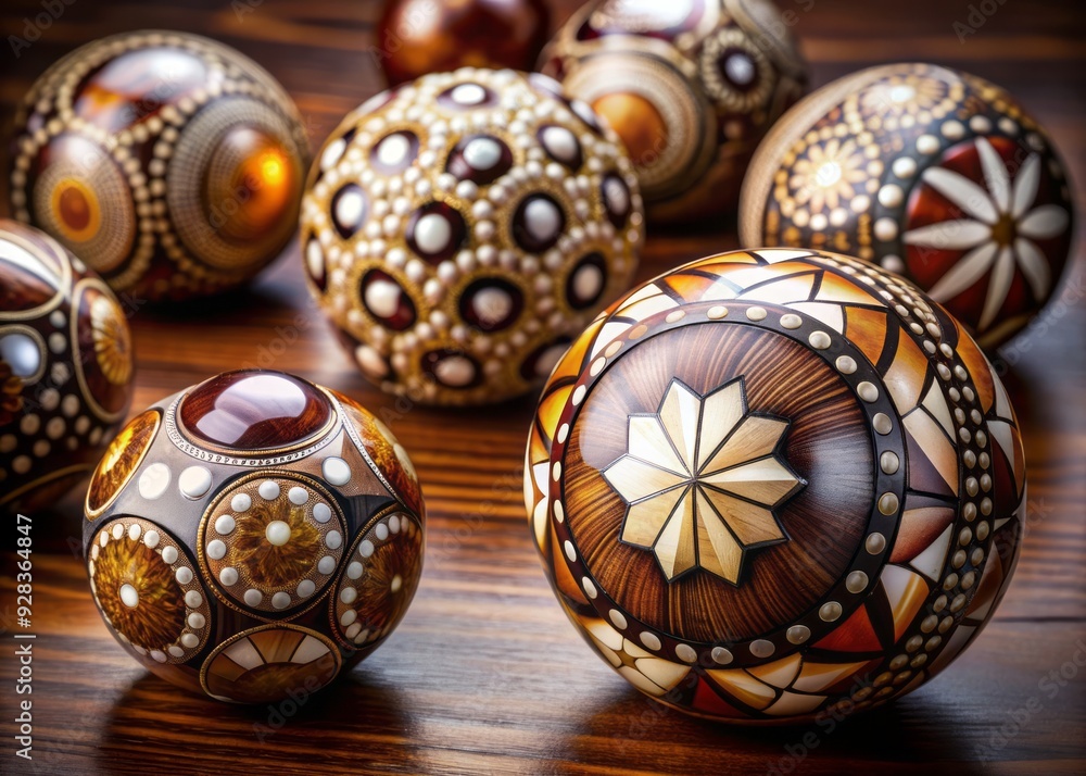 hypnotic close up photography of pearl inlays within intricate wooden marquetry spheres set against richly textured dark wood backgrounds exuding opulent luxury hypnotic close up photography of pearl inlays within intricate wooden marquetry spheres set against richly textured dark wood backgrounds exuding opulent luxury