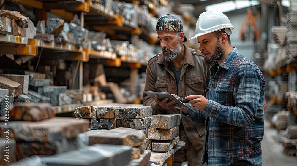 men in an industrial building, one man is wearing jeans and a jacket with a white helmet men in an industrial building, one man is wearing jeans and a jacket with a white helmet