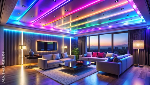 Colorful LED light strips wrapped around a modern room's ceiling, casting a vibrant glow and creating a futuristic ambiance with a sleek, high-tech atmosphere.