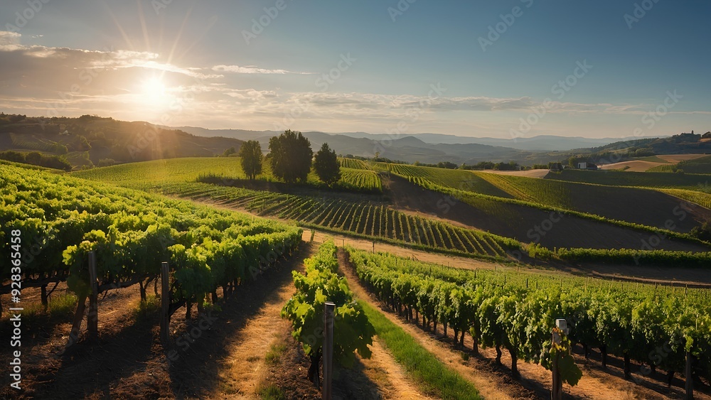 Fototapeta premium A scenic vineyard on a sunny day, with neatly lined grapevines and a wide-open landscape, bathed in natural light.