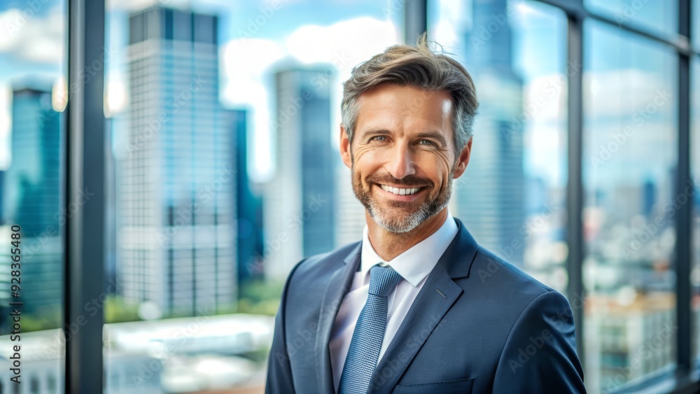 Confident businessman in his 40s with a bright white smile, posing in a modern office setting with a blurred cityscape background, exuding professionalism. Confident businessman in his 40s with a bright white smile, posing in a modern office setting with a blurred cityscape background, exuding professionalism.