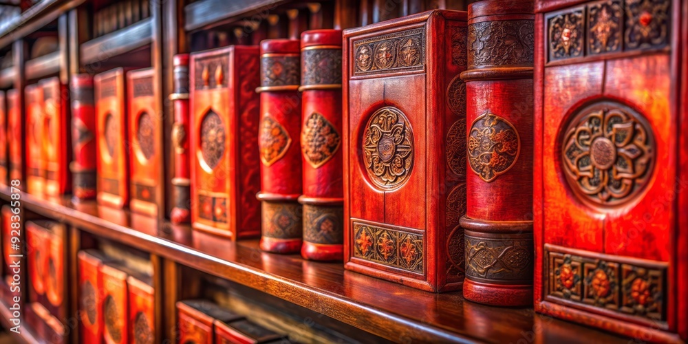 Fototapeta premium vibrant Vermilion imperial seals adorn worn leather bound ancient chinese classics on ornate wooden shelves with soft diffused natural light and shallow depth