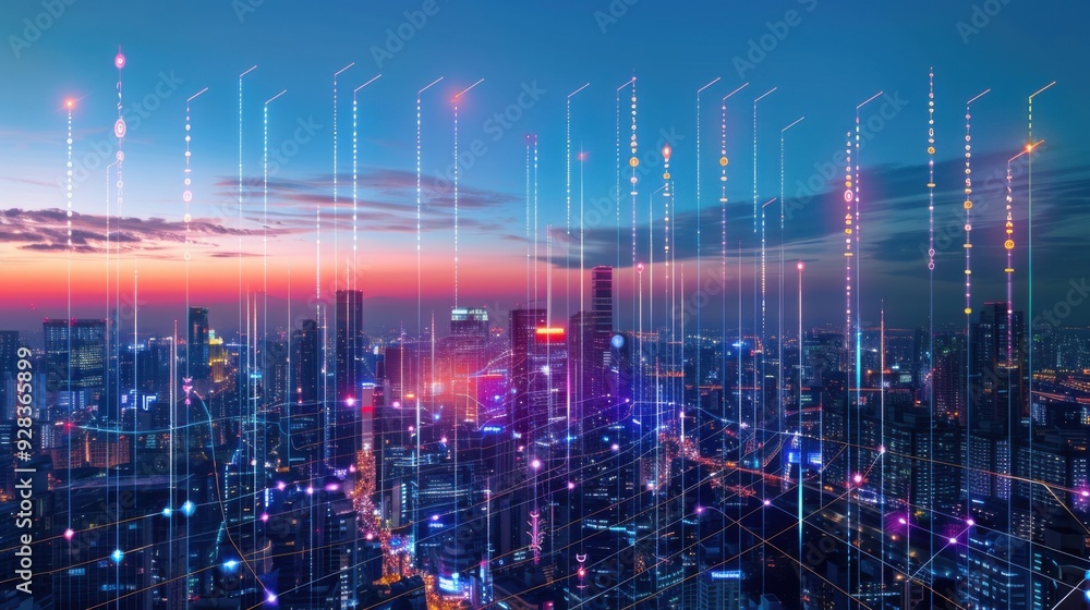 Naklejka premium Cityscape with Data Flow at Dusk