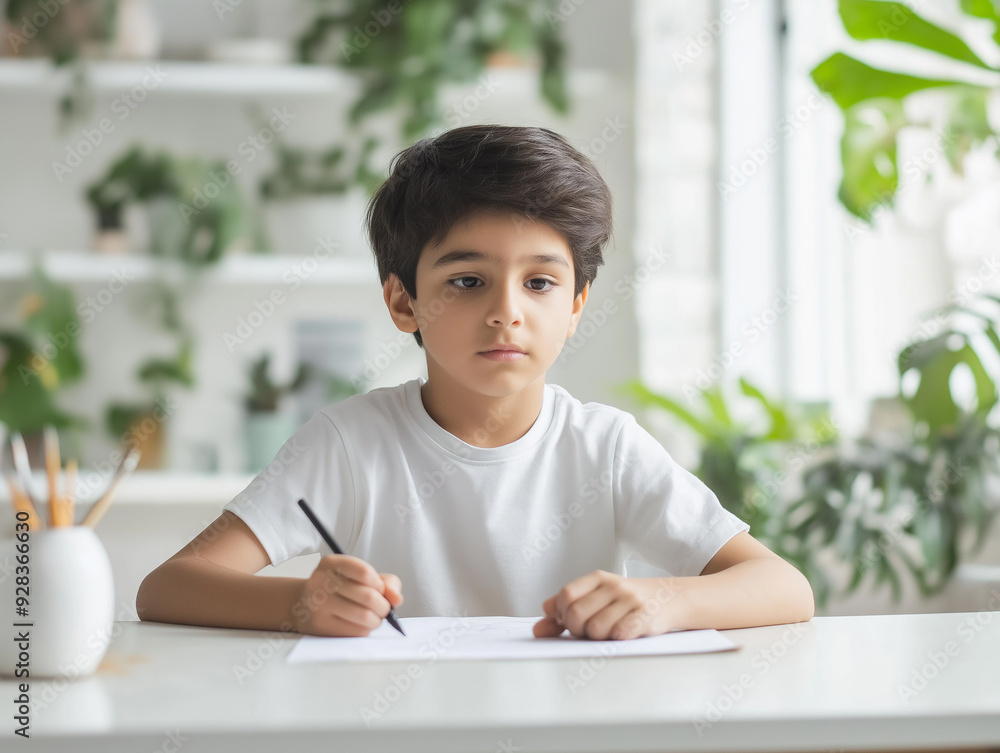 A focused young boy drawing at a white table, surrounded by green plants in a bright, modern space. The image conveys creativity, concentration, and a peaceful atmosphere. A focused young boy drawing at a white table, surrounded by green plants in a bright, modern space. The image conveys creativity, concentration, and a peaceful atmosphere.