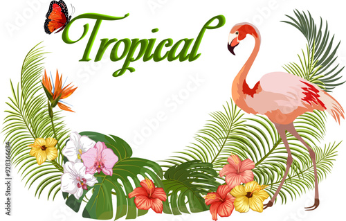 Colored vector illustration with flamingos.Flamingos and tropical vegetation in color vector illustration isolated on white background.