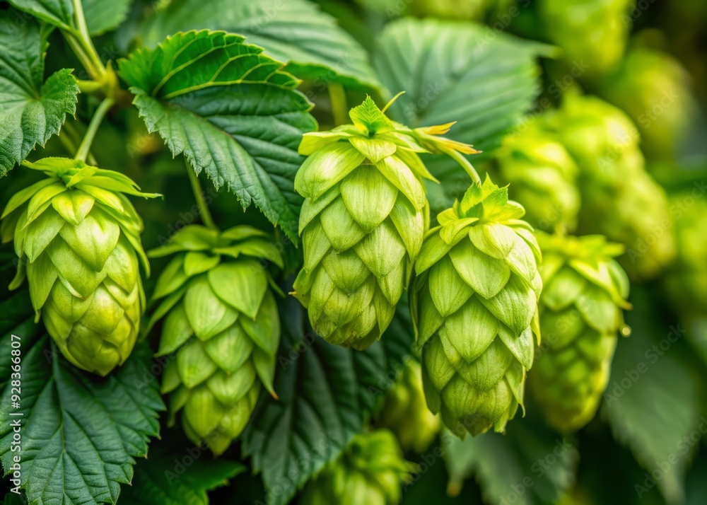 Delicate, green, cone-shaped female hop blossoms and serrated leaves of the Humulus lupulus plant, a vigorous climbing herbaceous perennial of the Cannabaceae family, in close-up detail. Delicate, green, cone-shaped female hop blossoms and serrated leaves of the Humulus lupulus plant, a vigorous climbing herbaceous perennial of the Cannabaceae family, in close-up detail.