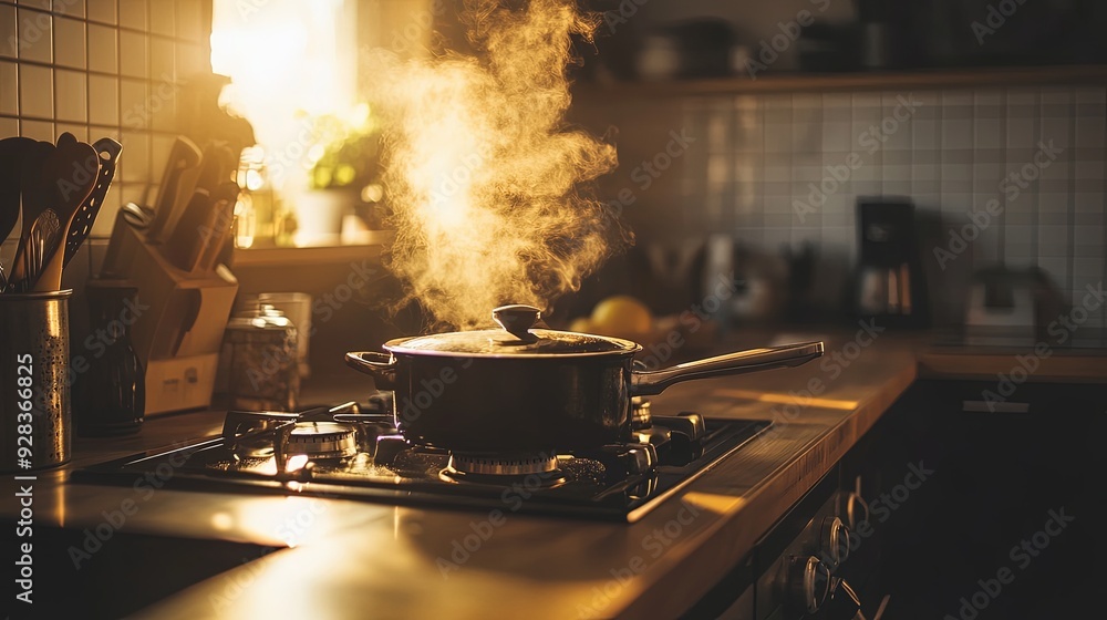 Steaming Pot on Stovetop in a Warm Kitchen Steaming Pot on Stovetop in a Warm Kitchen