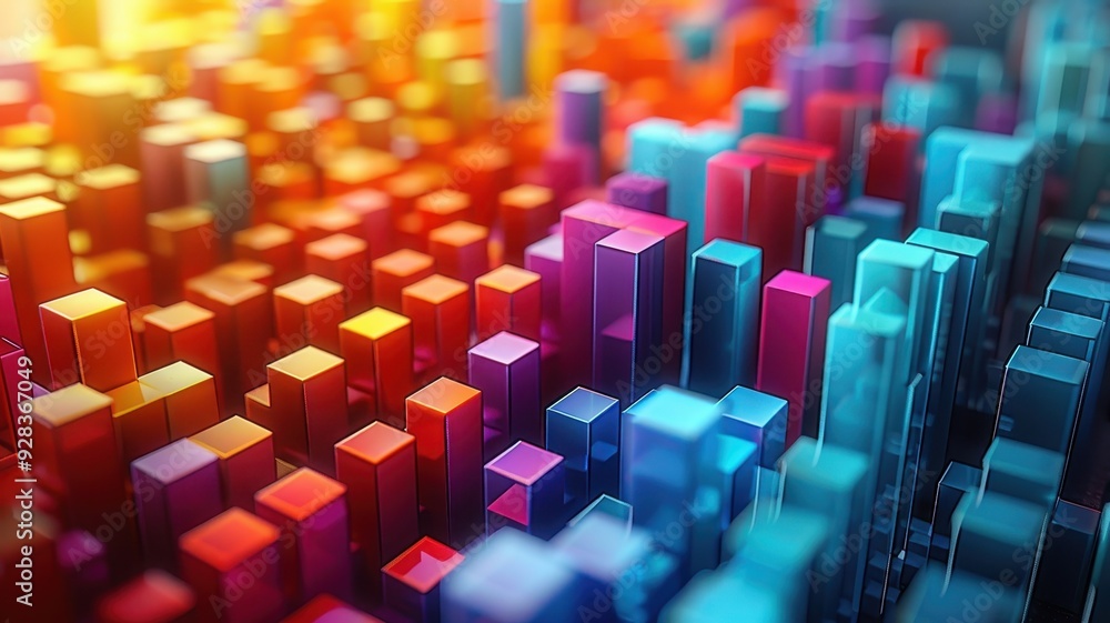 Vibrant 3D abstract landscape with colorful blocks representing data or sound frequencies in a dynamic setting. Vibrant 3D abstract landscape with colorful blocks representing data or sound frequencies in a dynamic setting.
